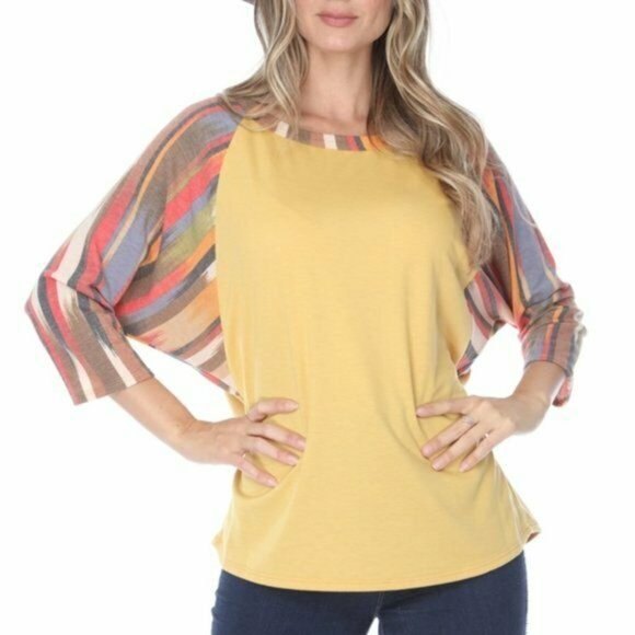 Ces'Femme Bohemian Mustard Stripe Dolman Sleeve Scoop Neck Small Blouse - Picture 2 of 10